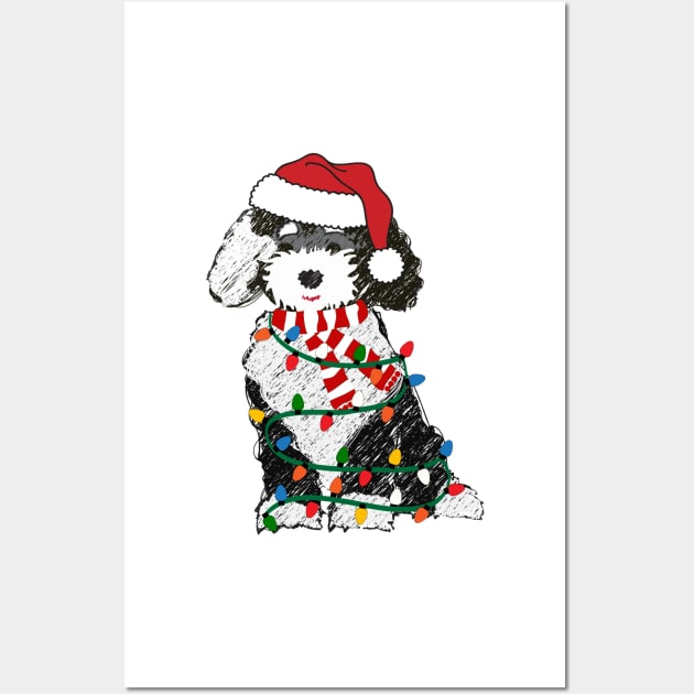 Cute Sheepadoodle Wrapped In Christmas Lights Wall Art by emrdesigns